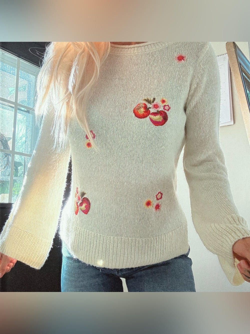 LC Lauren Conrad Disney Apple Embroidered Bell Sleeve Sweater XS